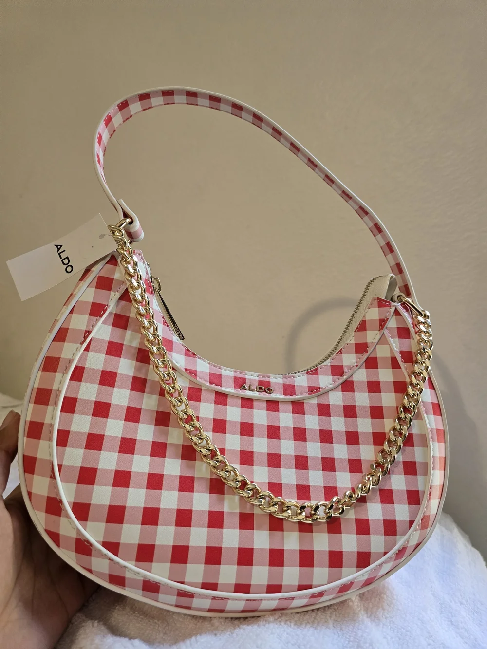 Aldo Red and White Gingham Crescent Shoulder Bag with Gold Chain